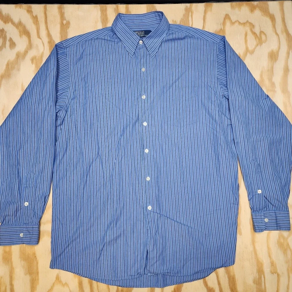 Polo Ralph Lauren Shirt Men's Large Blue Striped Merrin Long Sleeve VTG EUC‎